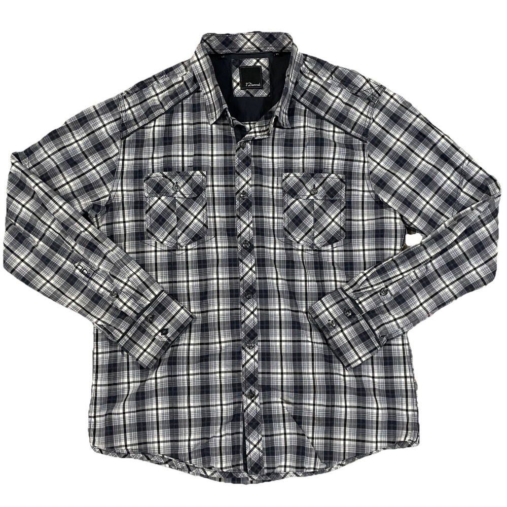 7 Diamonds XL Long Sleeve Button Up Gray Cotton‎ Plaid Button Up Shirt
